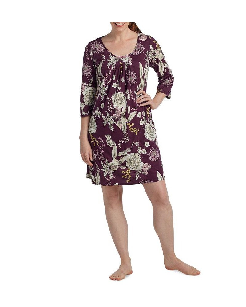 Long Sleeve Short Knit Printed Gown Taupe Floral On Aubergine $10.42 Sleepwear