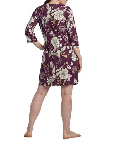 Long Sleeve Short Knit Printed Gown Taupe Floral On Aubergine $10.42 Sleepwear