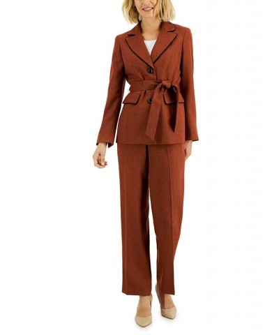 Women's Contrast-Trim Belted Jacket & Pants Orange $59.50 Suits