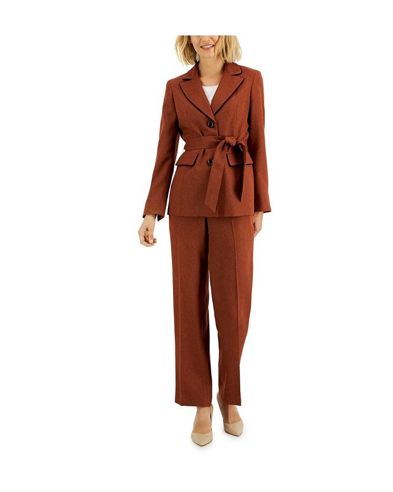 Women's Contrast-Trim Belted Jacket & Pants Orange $59.50 Suits