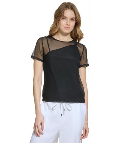 Women's Mesh-Layered Asymmetric Short-Sleeve Top Black $38.27 Tops