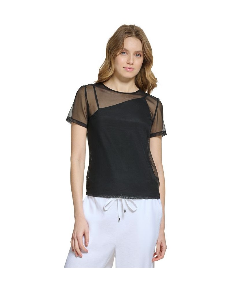 Women's Mesh-Layered Asymmetric Short-Sleeve Top Black $38.27 Tops