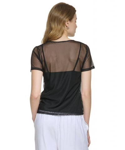 Women's Mesh-Layered Asymmetric Short-Sleeve Top Black $38.27 Tops