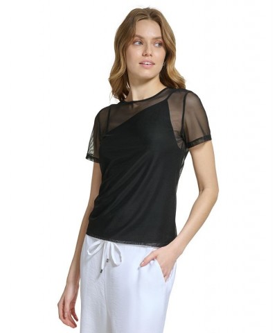 Women's Mesh-Layered Asymmetric Short-Sleeve Top Black $38.27 Tops