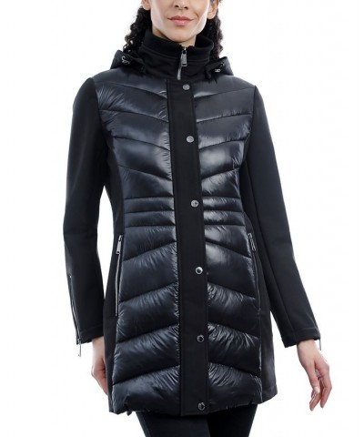 Women's Mixed-Media Hooded Raincoat Black $59.50 Coats