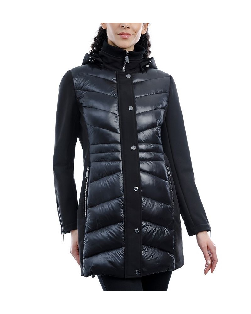 Women's Mixed-Media Hooded Raincoat Black $59.50 Coats