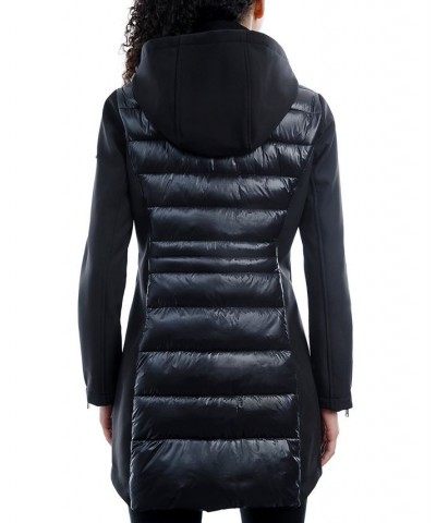 Women's Mixed-Media Hooded Raincoat Black $59.50 Coats