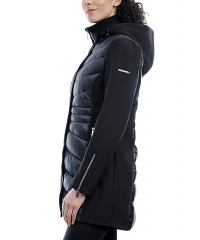 Women's Mixed-Media Hooded Raincoat Black $59.50 Coats