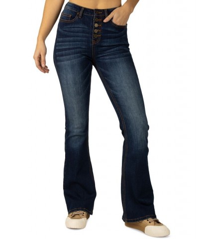 Juniors' High-Rise Exposed-Button Flare-Leg Denim Jeans Dark Blue $23.00 Jeans