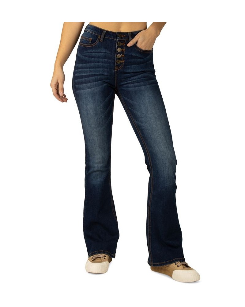 Juniors' High-Rise Exposed-Button Flare-Leg Denim Jeans Dark Blue $23.00 Jeans