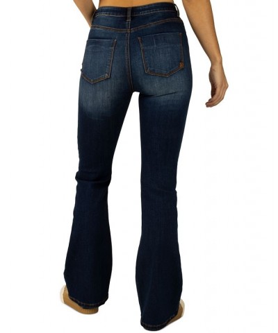 Juniors' High-Rise Exposed-Button Flare-Leg Denim Jeans Dark Blue $23.00 Jeans