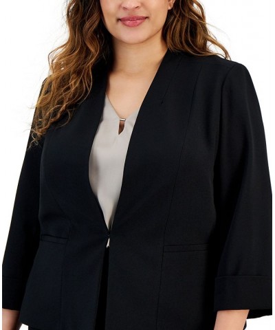 Plus Size Collarless Open-Front 3/4-Sleeve Jacket Black $32.00 Jackets