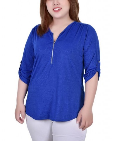 Plus Size 3/4 Roll Tab Zip Front Jacquard Knit Top Royal Sakadotduo $17.23 Tops