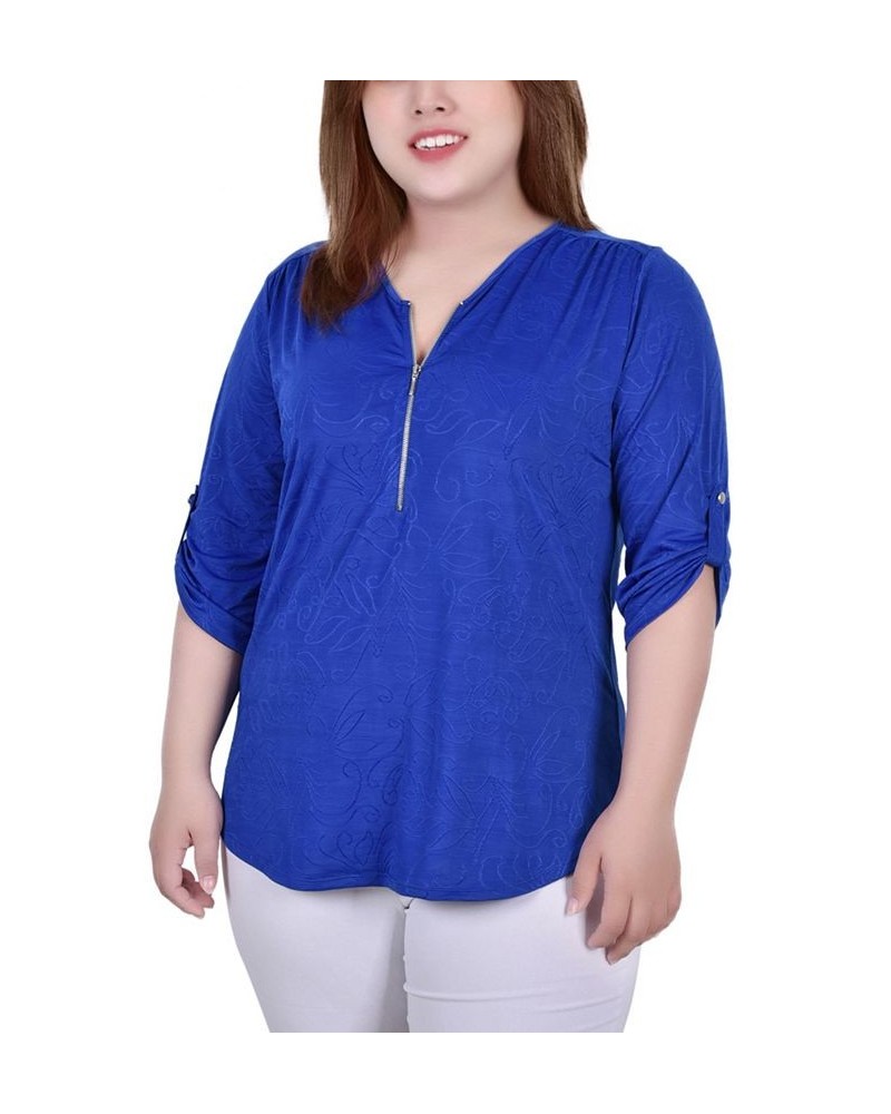 Plus Size 3/4 Roll Tab Zip Front Jacquard Knit Top Royal Sakadotduo $17.23 Tops