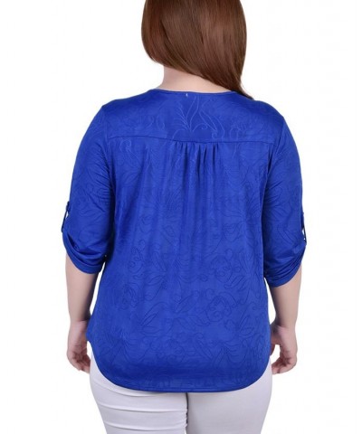 Plus Size 3/4 Roll Tab Zip Front Jacquard Knit Top Royal Sakadotduo $17.23 Tops