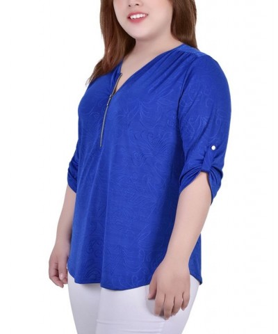 Plus Size 3/4 Roll Tab Zip Front Jacquard Knit Top Royal Sakadotduo $17.23 Tops