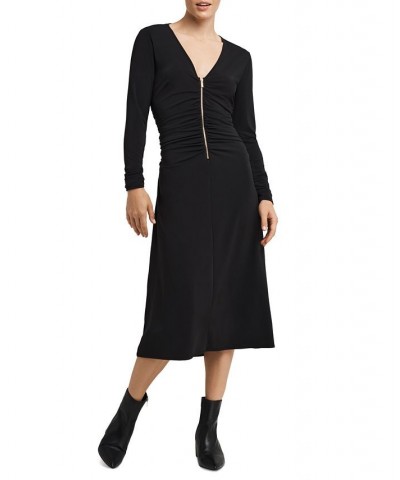 Women's Zip-Front Long-Sleeve A-Line Dress Black $36.48 Dresses