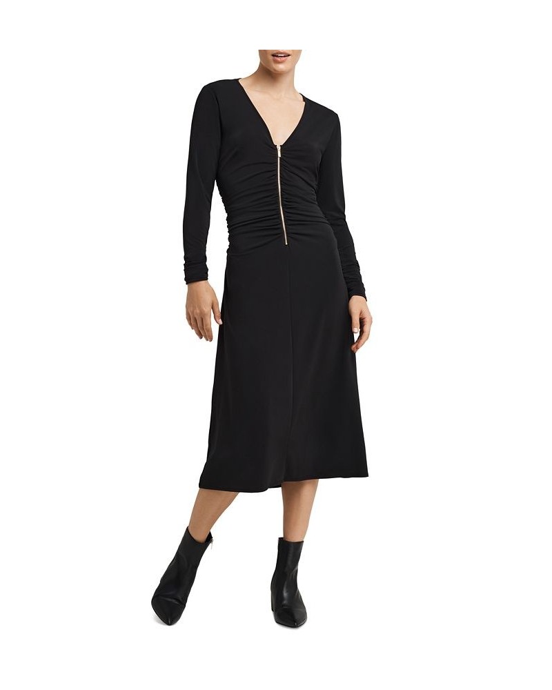 Women's Zip-Front Long-Sleeve A-Line Dress Black $36.48 Dresses