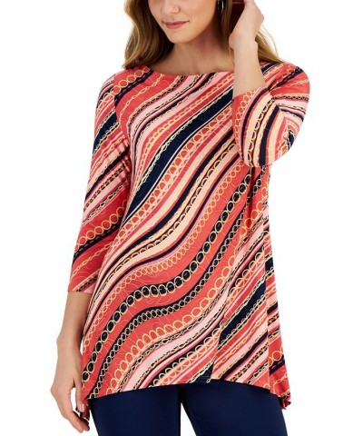 Petite Chain-Stripe Asymmetrical-Hem Tunic Red $13.74 Tops