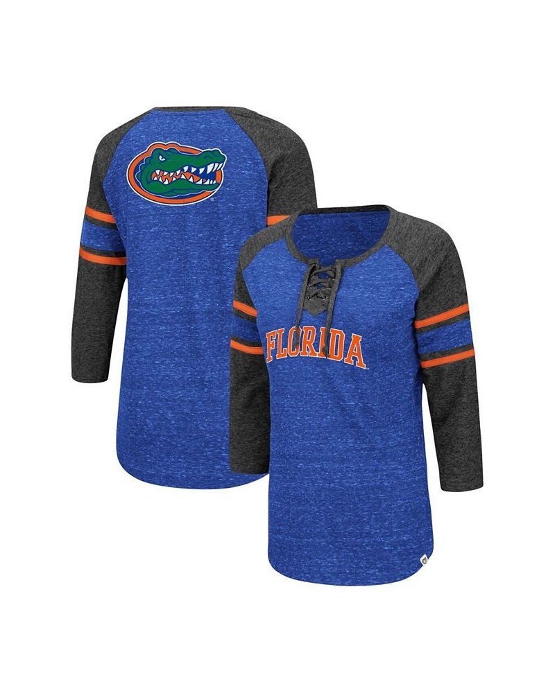 Women's Florida Gators Scienta Pasadena Raglan 3/4 Sleeve Space Dye Lace-Up T-shirt Royal, Heathered Charcoal $20.50 Tops