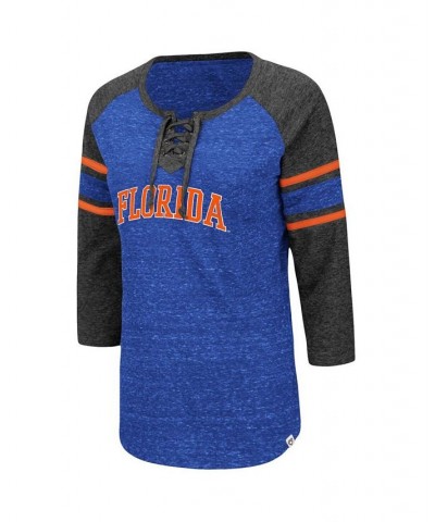 Women's Florida Gators Scienta Pasadena Raglan 3/4 Sleeve Space Dye Lace-Up T-shirt Royal, Heathered Charcoal $20.50 Tops