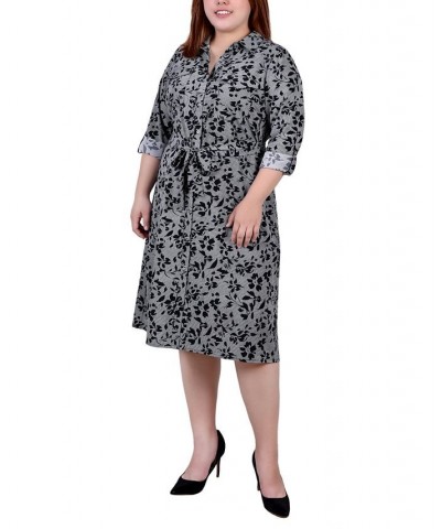 Plus Size Printed Shirt Dress Black Houndstooth Flower $19.92 Dresses