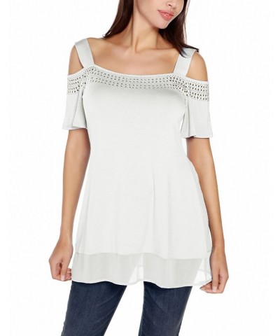 Women's Embellished Cold-Shoulder Top White $32.39 Tops