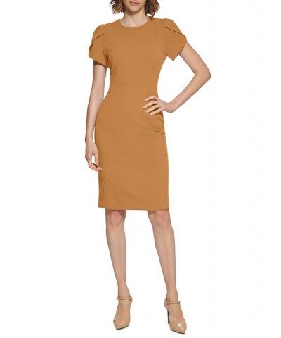 Tulip-Sleeve Scuba-Crepe Sheath Dress Brown $40.99 Dresses