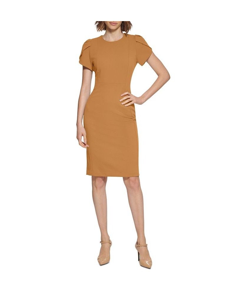 Tulip-Sleeve Scuba-Crepe Sheath Dress Brown $40.99 Dresses