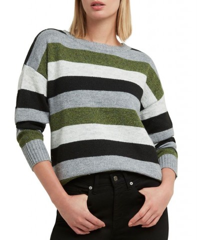 Women's Striped Crewneck Drop-Shoulder Sweater Black Combo $28.73 Sweaters