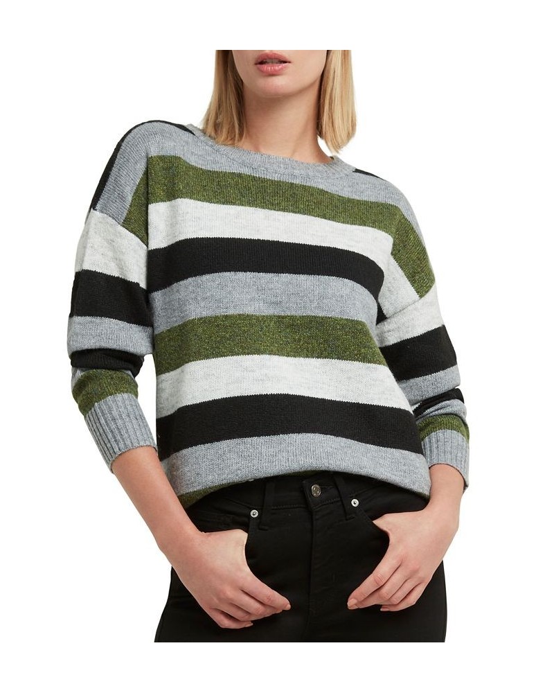 Women's Striped Crewneck Drop-Shoulder Sweater Black Combo $28.73 Sweaters