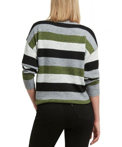 Women's Striped Crewneck Drop-Shoulder Sweater Black Combo $28.73 Sweaters