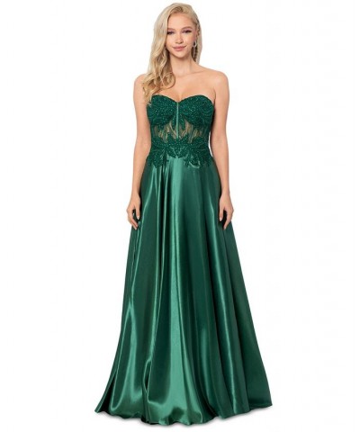 Juniors' Lace-Up Lace-Bodice Gown Hunter $100.44 Dresses