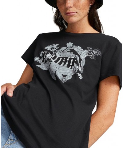 Women's Frozen Flower Logo Graphic Cotton T-Shirt Black $10.58 Tops