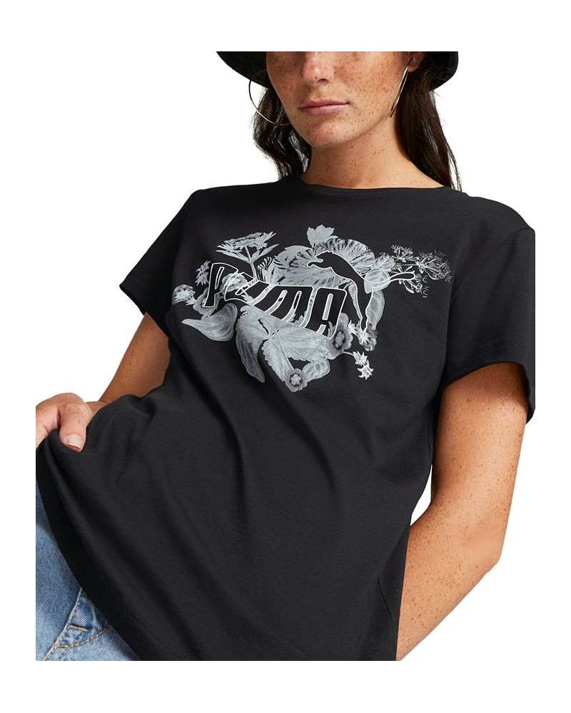 Women's Frozen Flower Logo Graphic Cotton T-Shirt Black $10.58 Tops