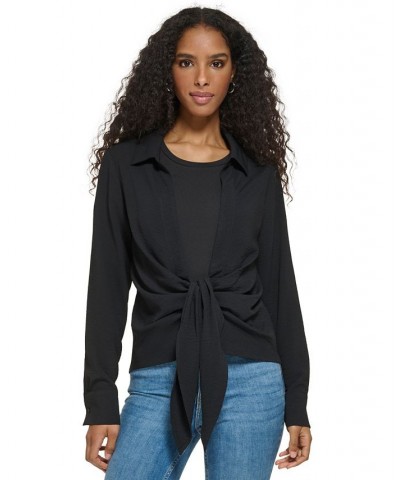 Women's Long Sleeve Tie Front Collared Shirt Black $54.73 Tops