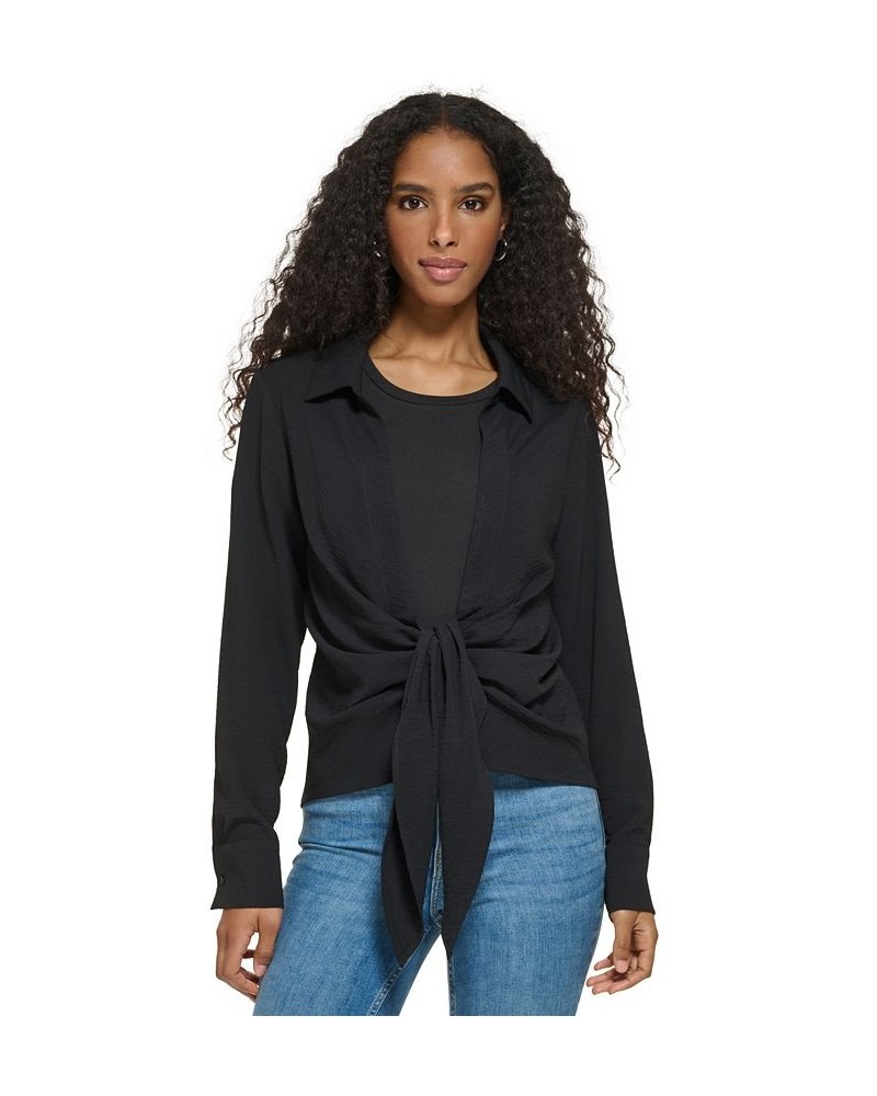 Women's Long Sleeve Tie Front Collared Shirt Black $54.73 Tops