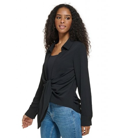 Women's Long Sleeve Tie Front Collared Shirt Black $54.73 Tops