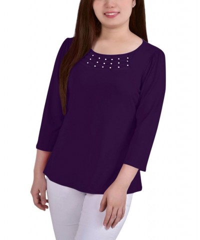 Women's Crepe Knit Top with Strip Details Purple $13.02 Tops