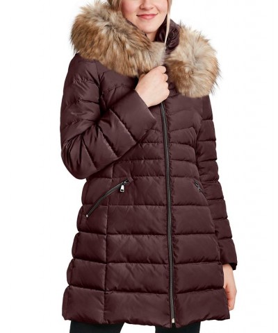 Women's Faux-Fur-Trim Hooded Puffer Coat Brown $61.20 Coats