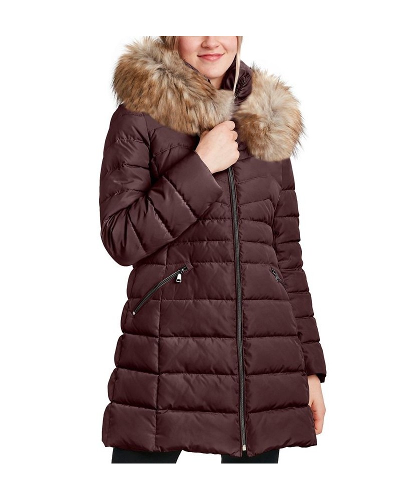 Women's Faux-Fur-Trim Hooded Puffer Coat Brown $61.20 Coats