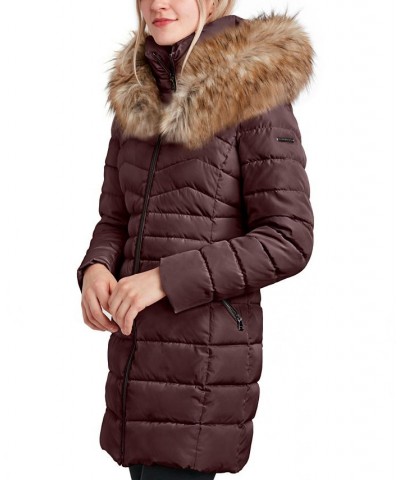 Women's Faux-Fur-Trim Hooded Puffer Coat Brown $61.20 Coats