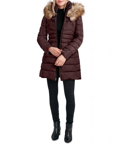 Women's Faux-Fur-Trim Hooded Puffer Coat Brown $61.20 Coats