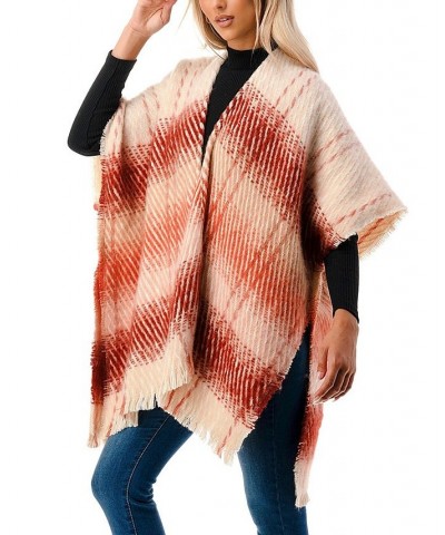 Women's open-Front Ombre Plaid Fringe Kimono Red $36.90 Tops