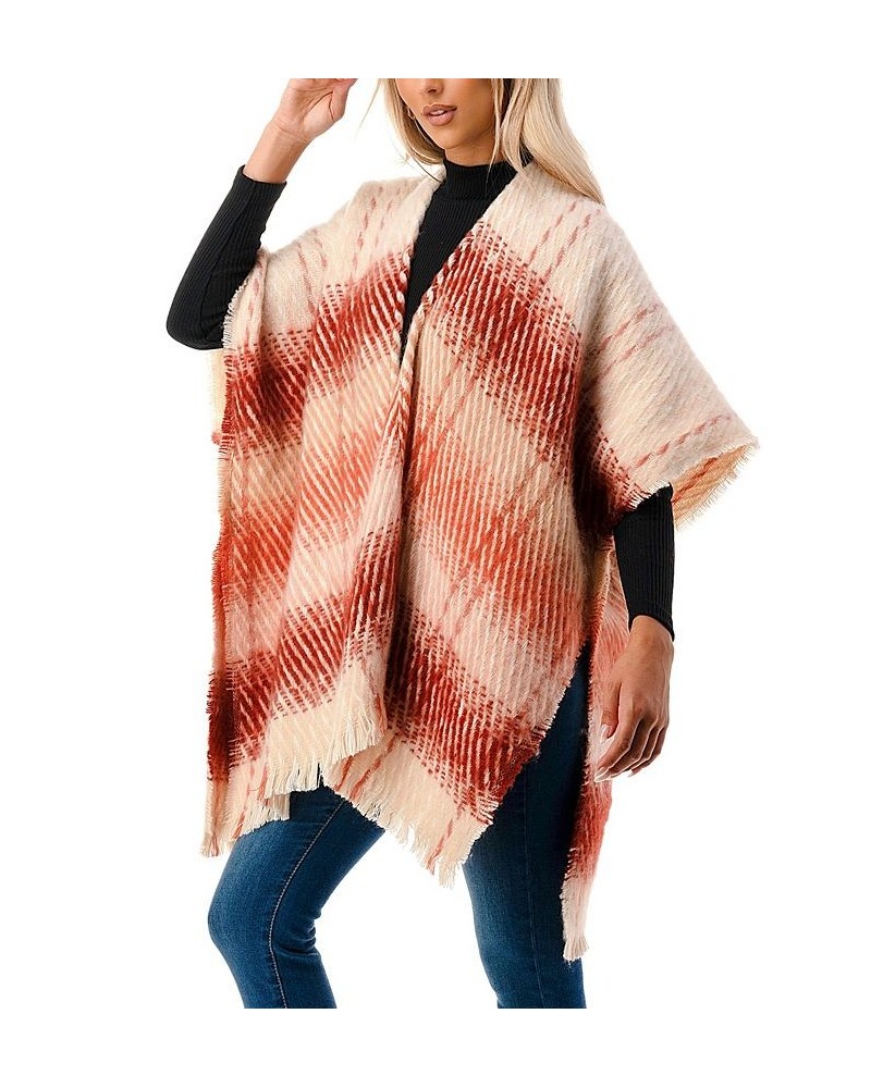 Women's open-Front Ombre Plaid Fringe Kimono Red $36.90 Tops