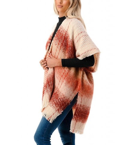 Women's open-Front Ombre Plaid Fringe Kimono Red $36.90 Tops