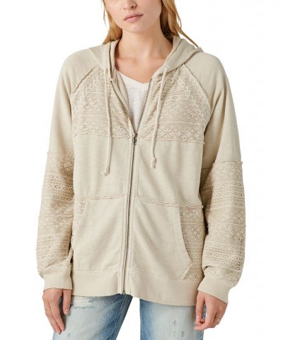 Cotton Lace Panel Zip Up Hoodie Sweatshirt White $69.96 Sweatshirts