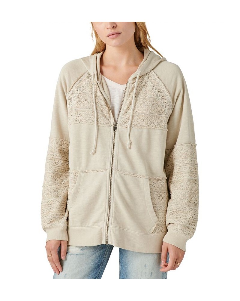 Cotton Lace Panel Zip Up Hoodie Sweatshirt White $69.96 Sweatshirts