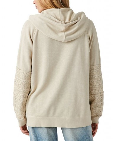 Cotton Lace Panel Zip Up Hoodie Sweatshirt White $69.96 Sweatshirts