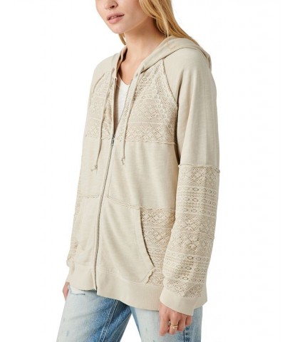 Cotton Lace Panel Zip Up Hoodie Sweatshirt White $69.96 Sweatshirts